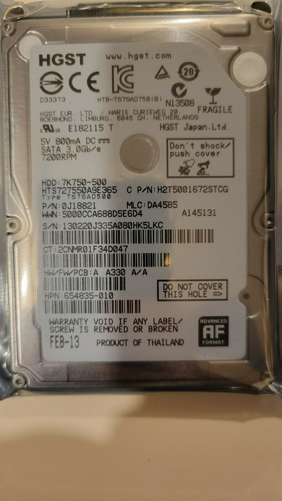 Hitachi HTS727550A9E365 MLC DA4585 PN 0J18821 500GB 2.5" SATA HD HPN 654835-010