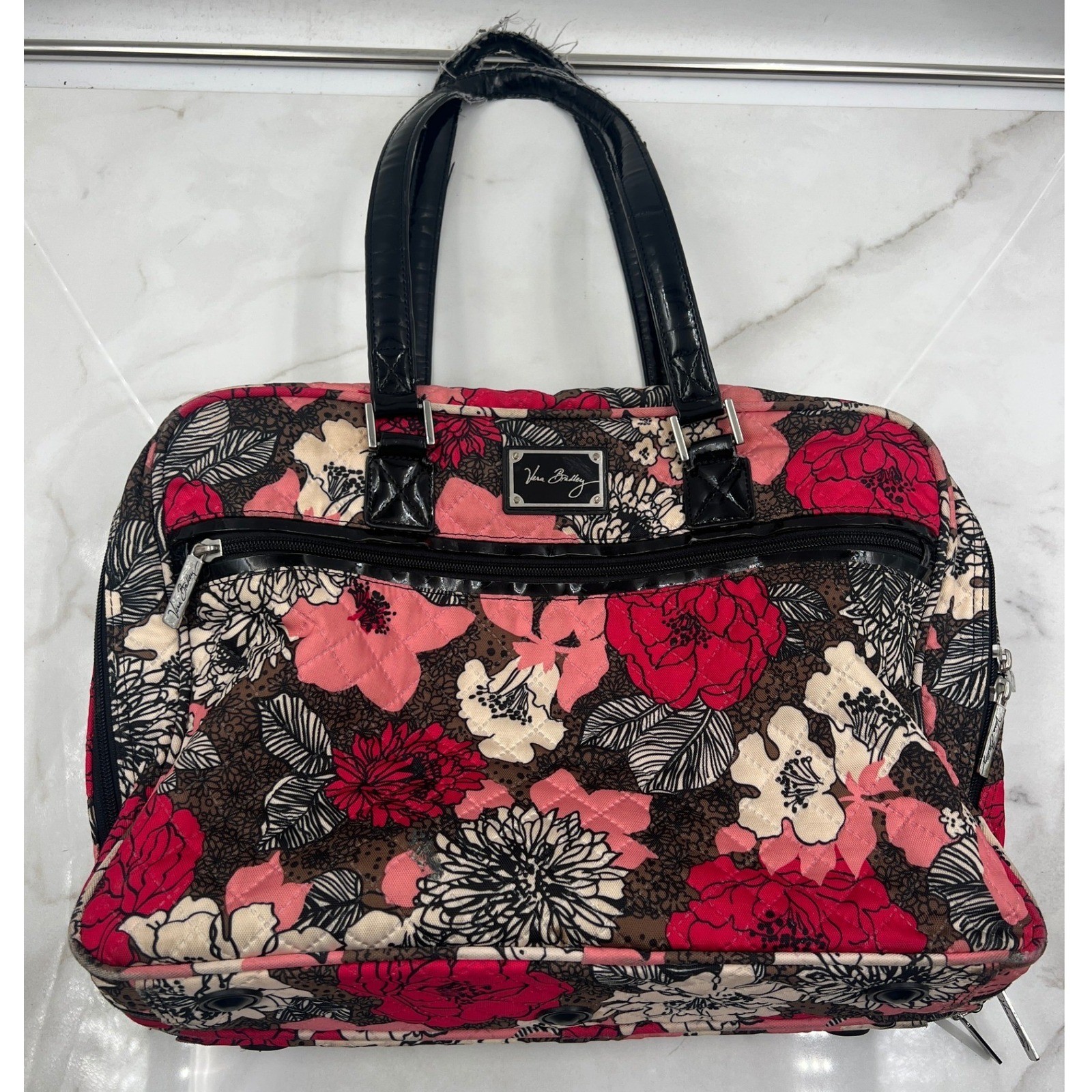 Vera Bradley Night and Day Rose Quilted Laptop Travel Bag Floral Pink Black