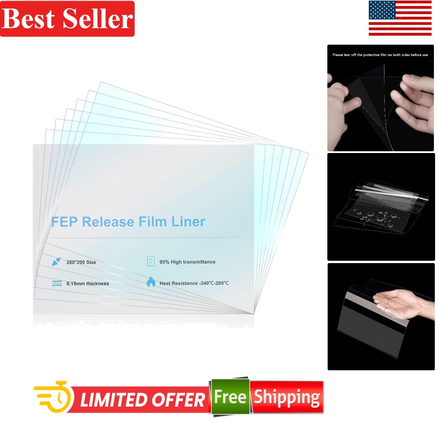 6PCS LCD FEP Release Films for 3D Printers 260x200mm 0.15mm Thickness