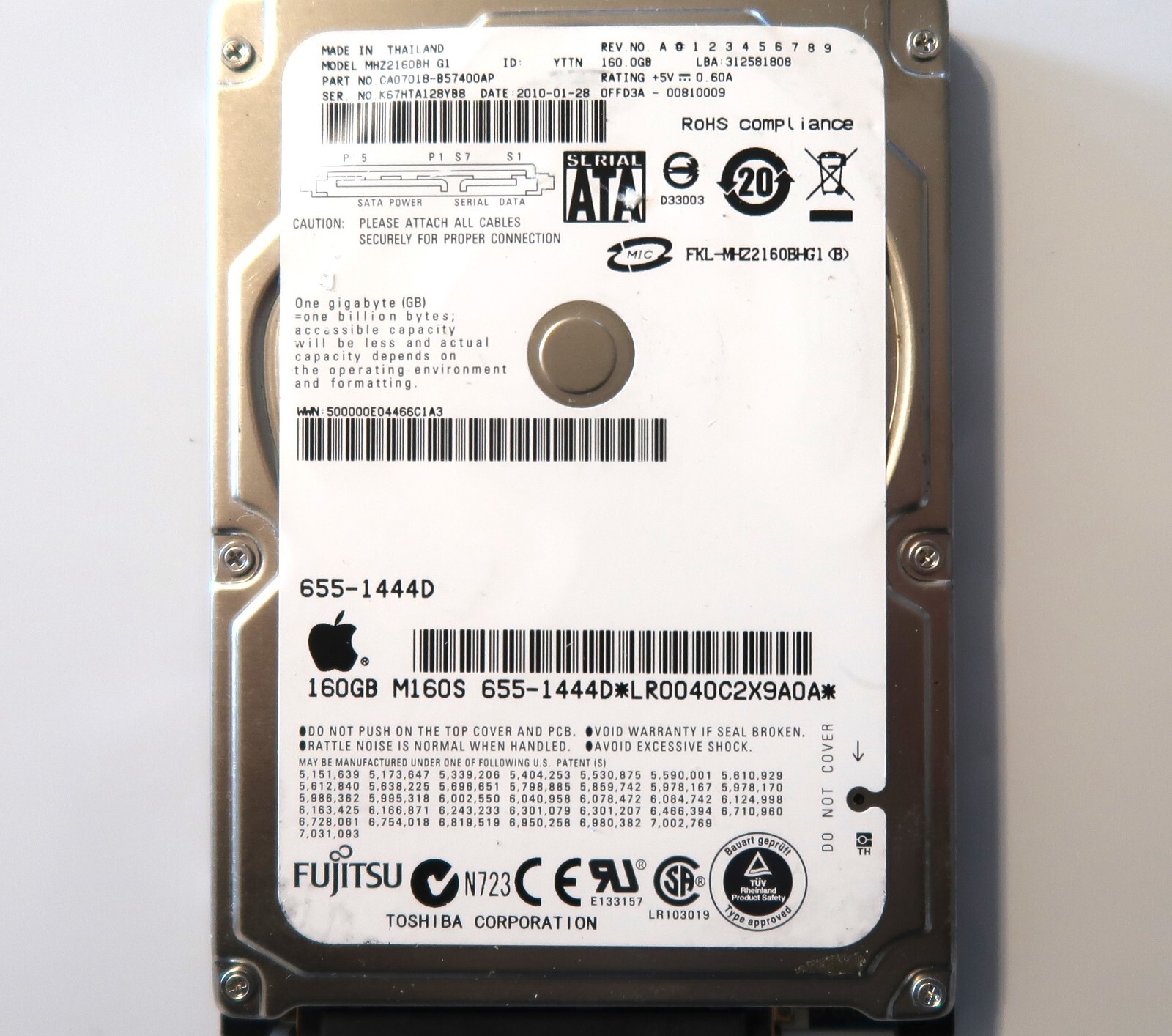 Fujitsu MHZ2160BH CA07018-B57400AP 0FFD3A-00810009 Apple#655-1444D 160gb Sata 