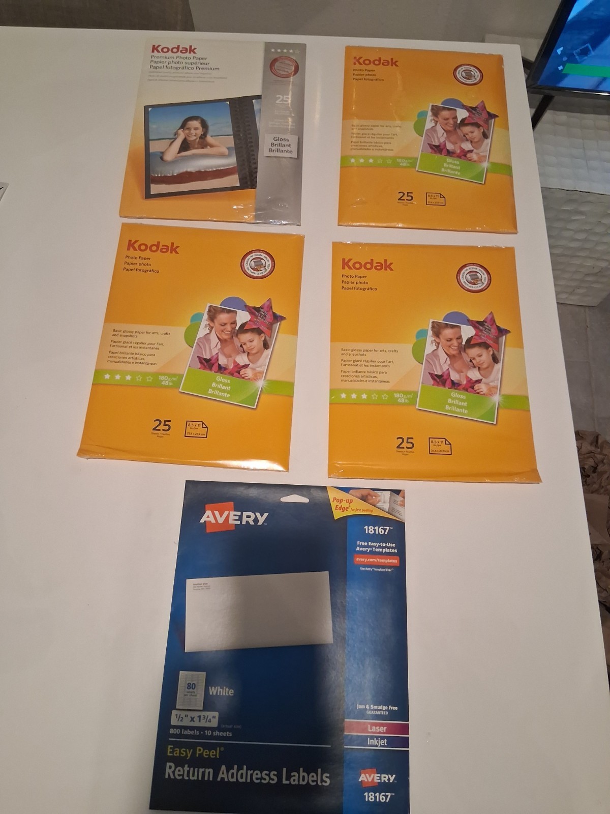 Lot of 4 Kodak Photo Paper 8.5x11 Glossy 25ct & 1 Avery 18167 Return Labels...