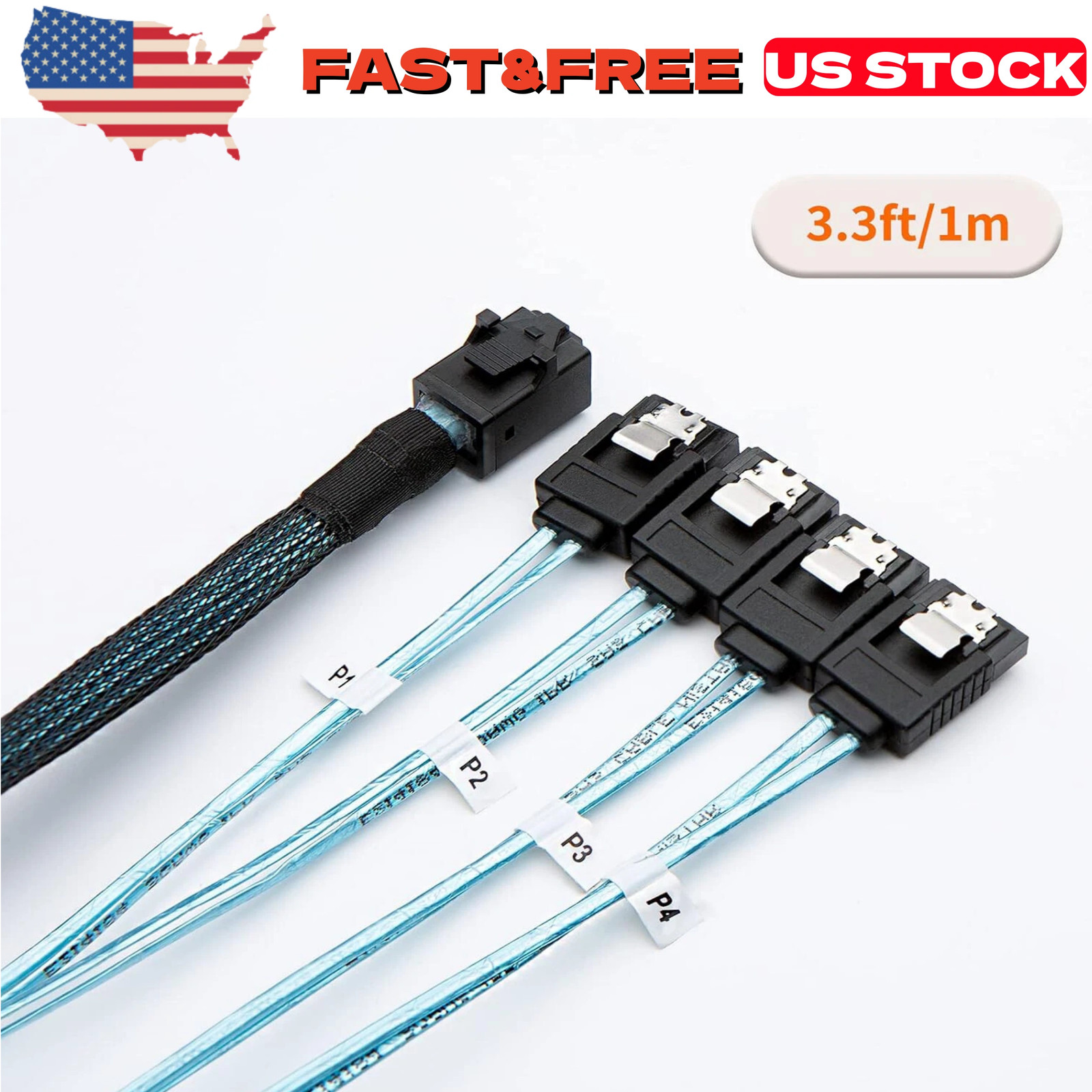 New Internal HDD Mini SAS Cable SFF-8643 To 4 SATA Connect to Hard Drive 1M US