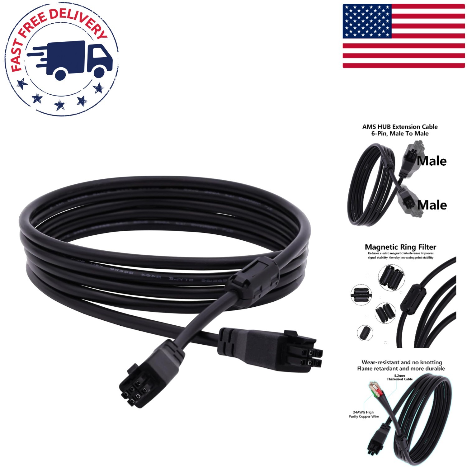 Durable 78.74-Inch 6-Pin USB Type A Extension Cable for 3D Printing Convenience