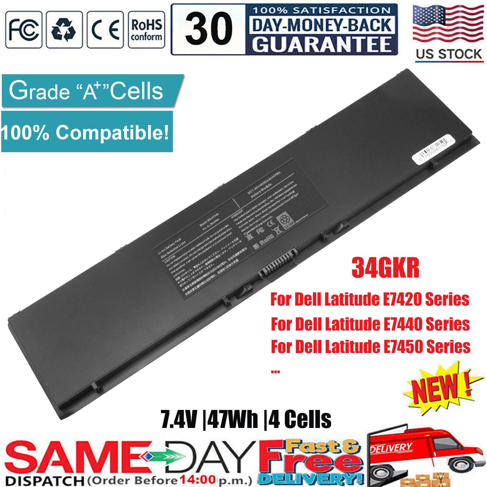 Laptop E7440 PFXCR Battery For Dell Latitude 14 7000 34GKR 451-BBFT T19VW