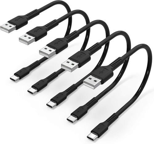 1 Foot Short USB C Cord Fast Charge 5 Pack Durable A to 1 Feet, Black