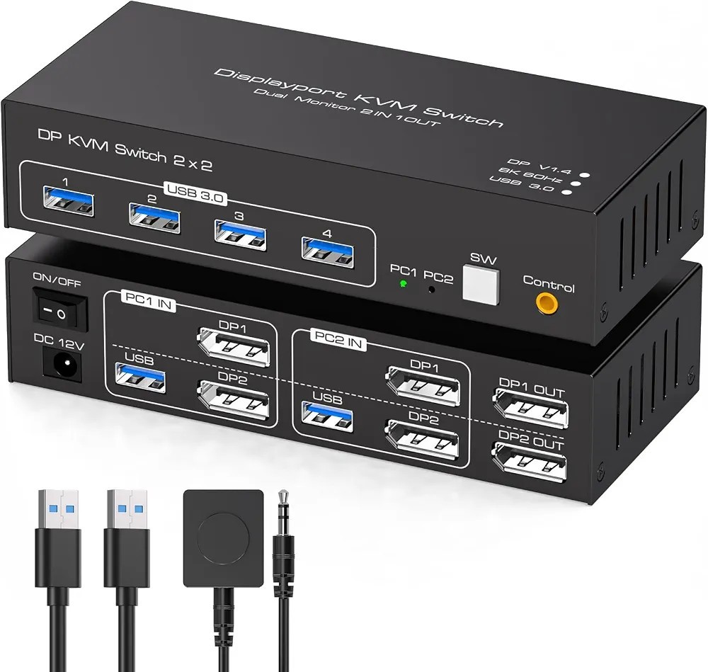 DisplayPort KVM Switch for 2 Monitors 2 Computers, 8K@60Hz/4K@120Hz DP 1.4 USB 