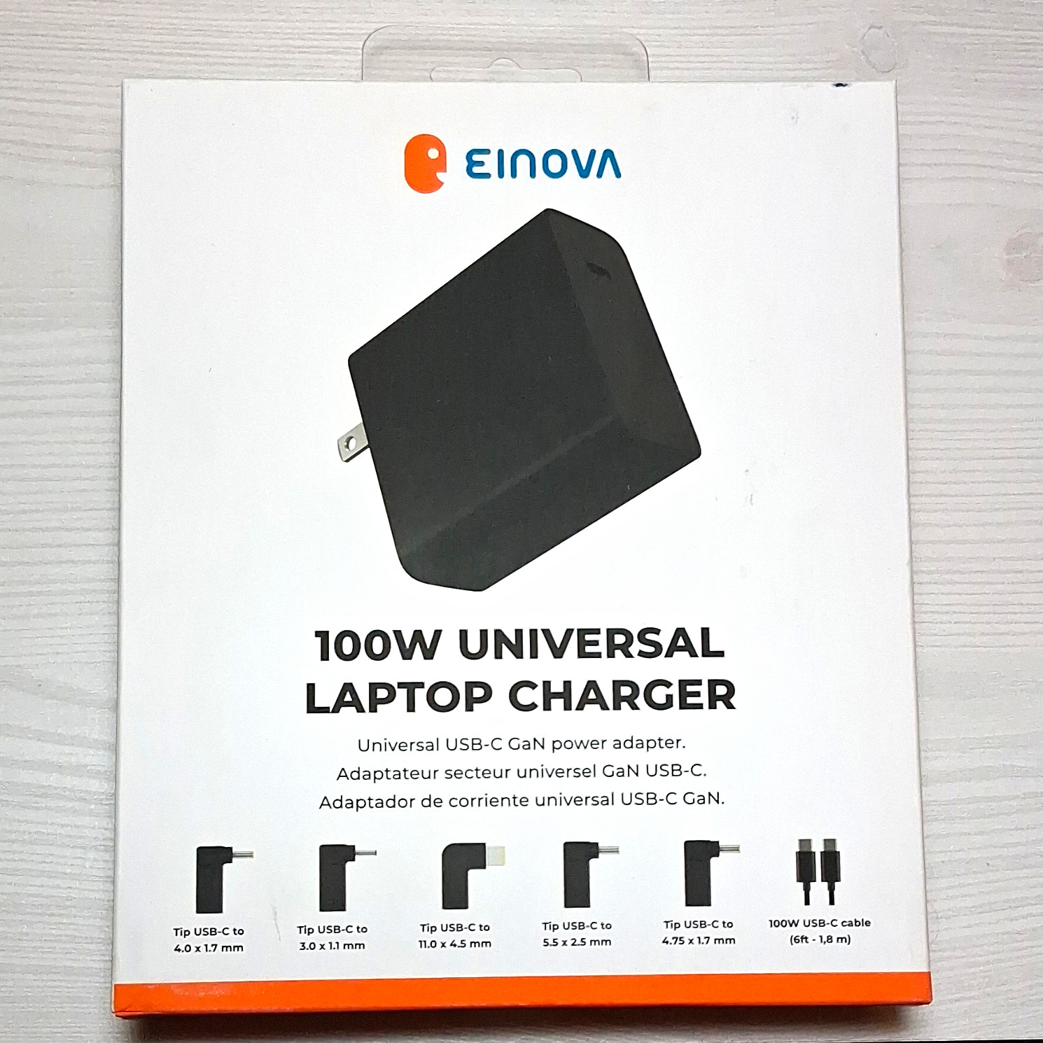 Einova 100W USB-C GaN Universal Laptop Power Adapter Charger w Tips, Black