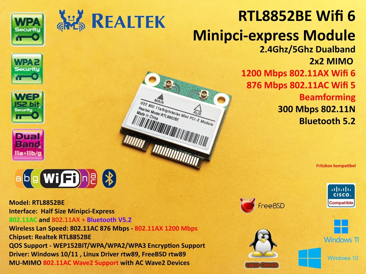 Wifi 6 Mpcie Minipci-express 802.11AC/AX WiFi + Bluetooth 5.2 RTL8852BE AX1800