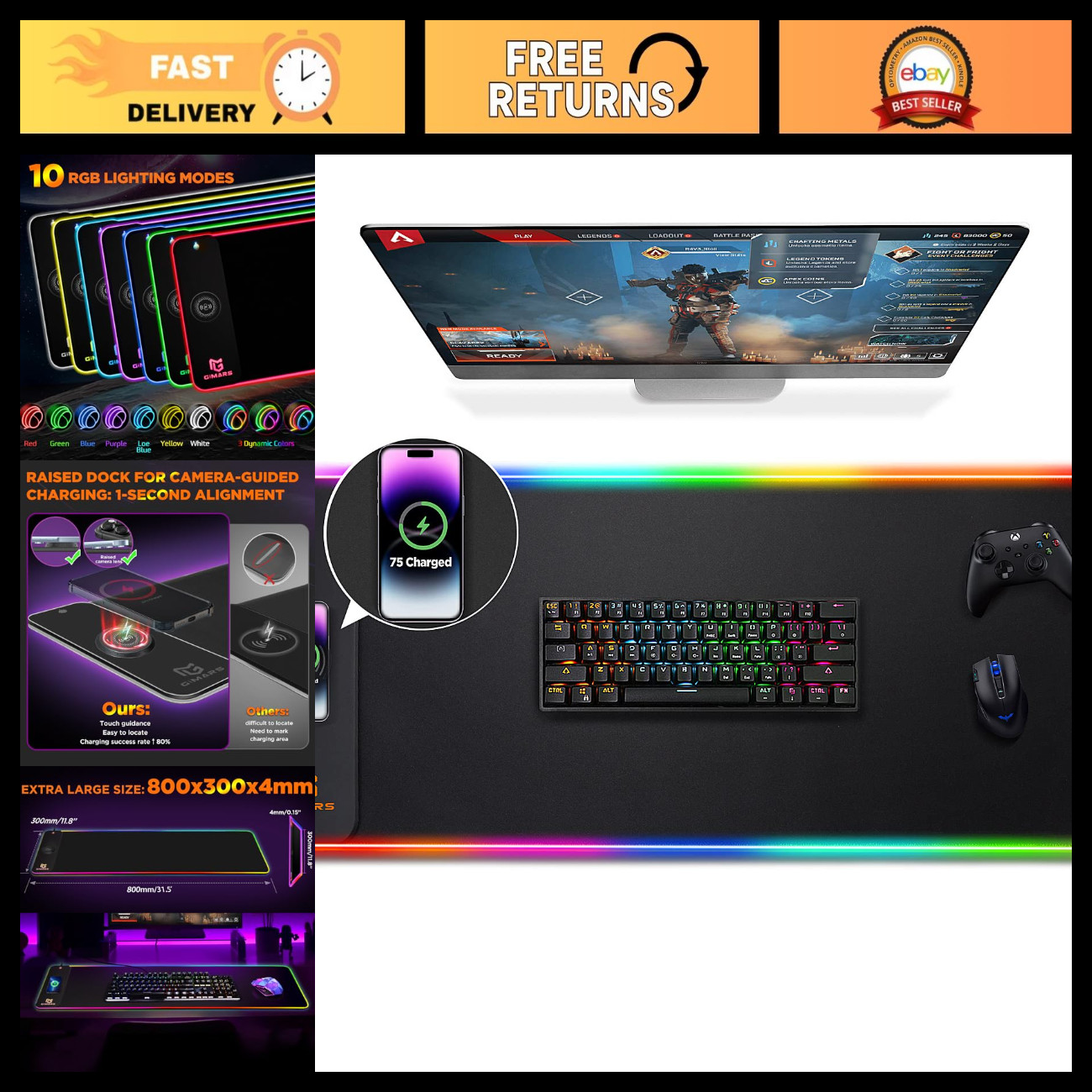 Large RGB Wireless Charging Mouse Pad, 10 Light Modes, Non-Slip Gaming Mat 31.5"