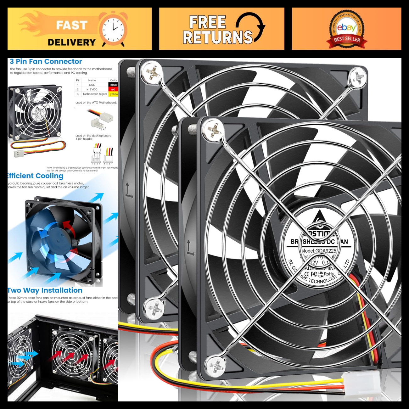 92mm x 25mm 12V PC Case Fan 3 Pin DC Brushless Cooling Fans - 2 Pack for Gaming