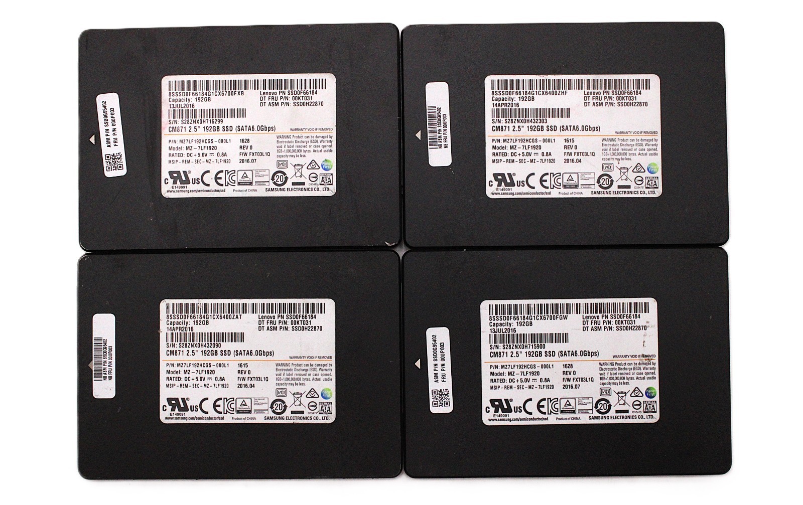 (LOT OF 4) Samsung MZ-7LF1920 | CM871 192GB 2.5 in SATA | 100%-90% Health