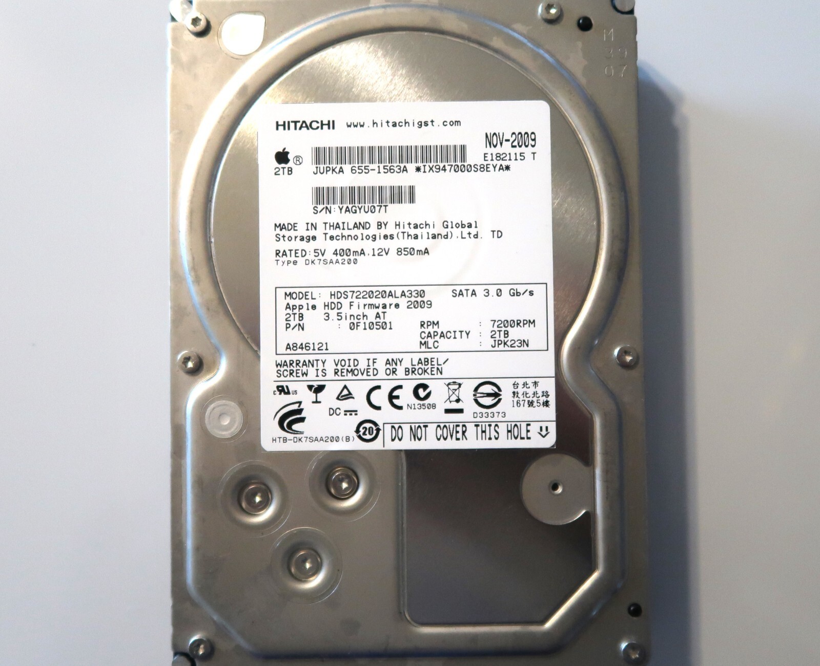 Hitachi HDS722020ALA330 PN:0F10501 MLC:JPK23N 2TB 3.5" Apple#655-1563A NOV-2009
