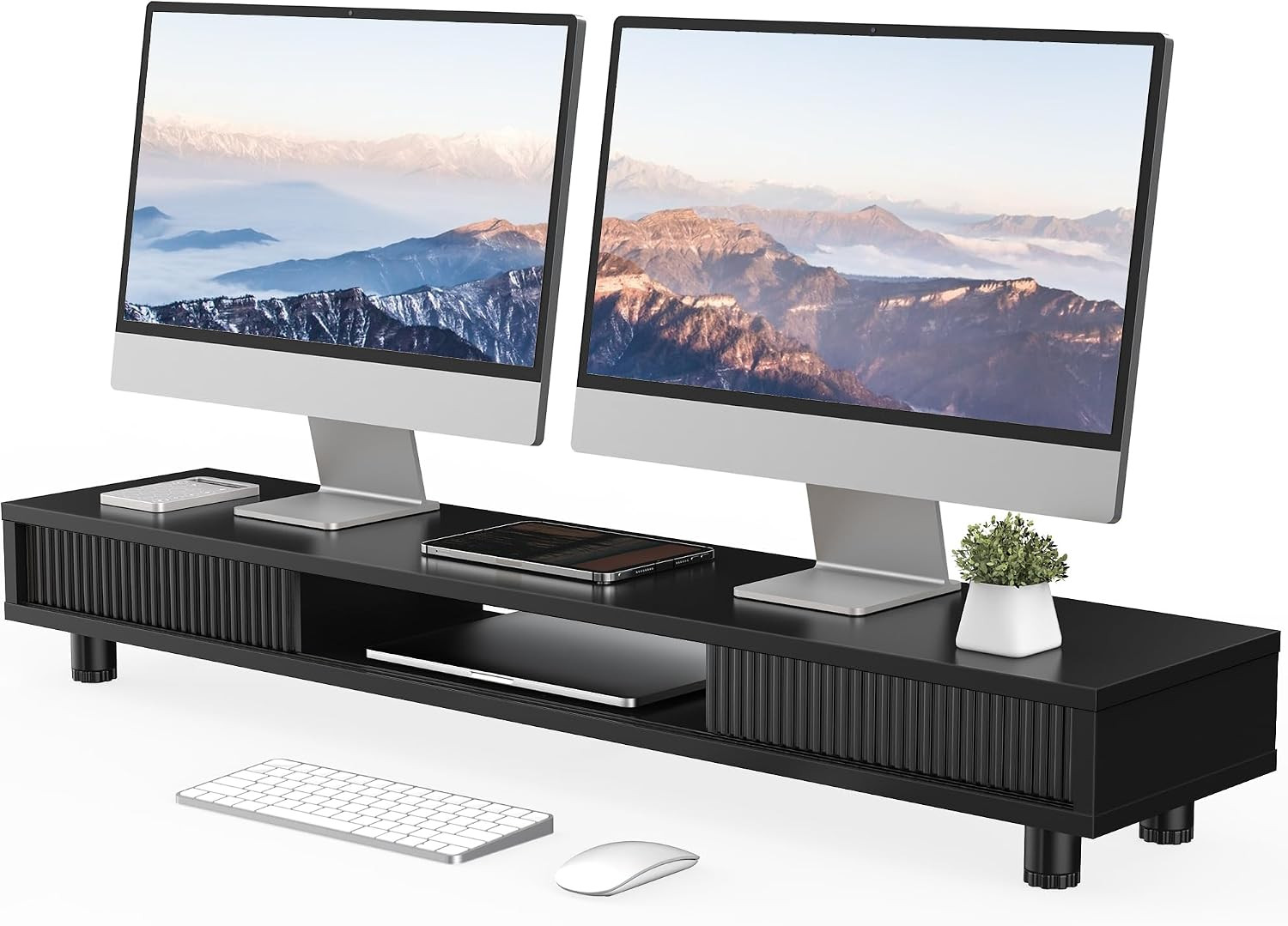 Fenge Dual Monitor Stand with Storage, Desk Shelf with Glass Sliding Door