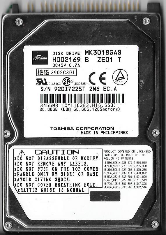 TOSHIBA MK3018GAS HDD2169 B ZE01 T 30GB ATA/IDE HARD DRIVE BAD SECTORS READ