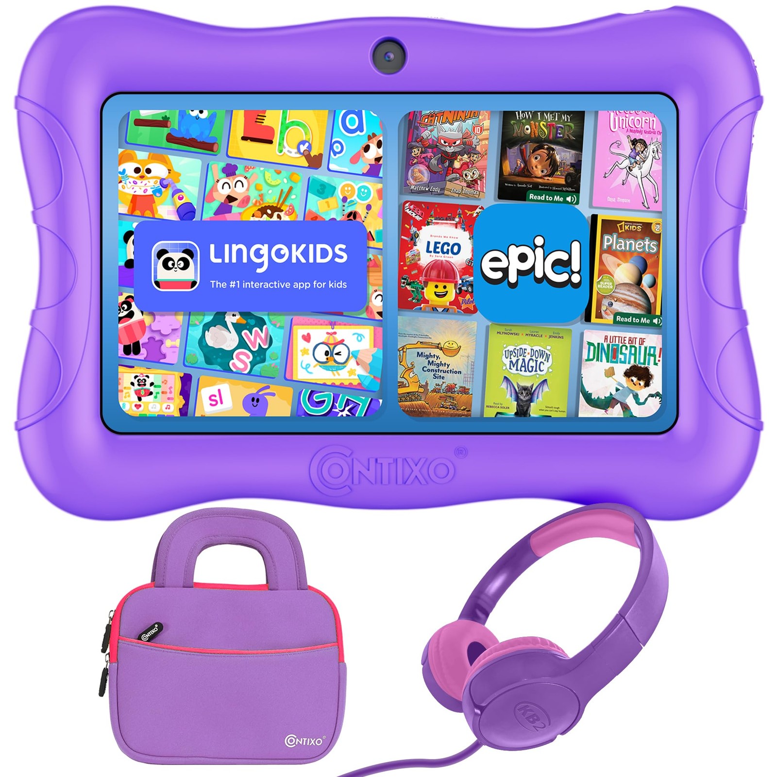 Contixo 7" Kids Tablet Bundle Purple Headphones Sleeve