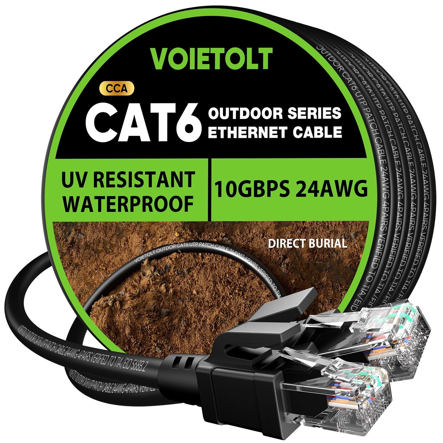 50ft Cat 6 Outdoor Ethernet Cable, 10Gbps Waterproof Direct Burial, UV Jacket, P