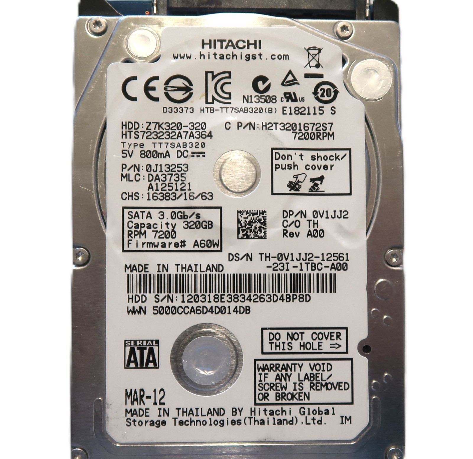 Hitachi HTS723232A7A364 0J13253 DA3735 (1203) Thailand 320gb 2.5" Sata MAR-12