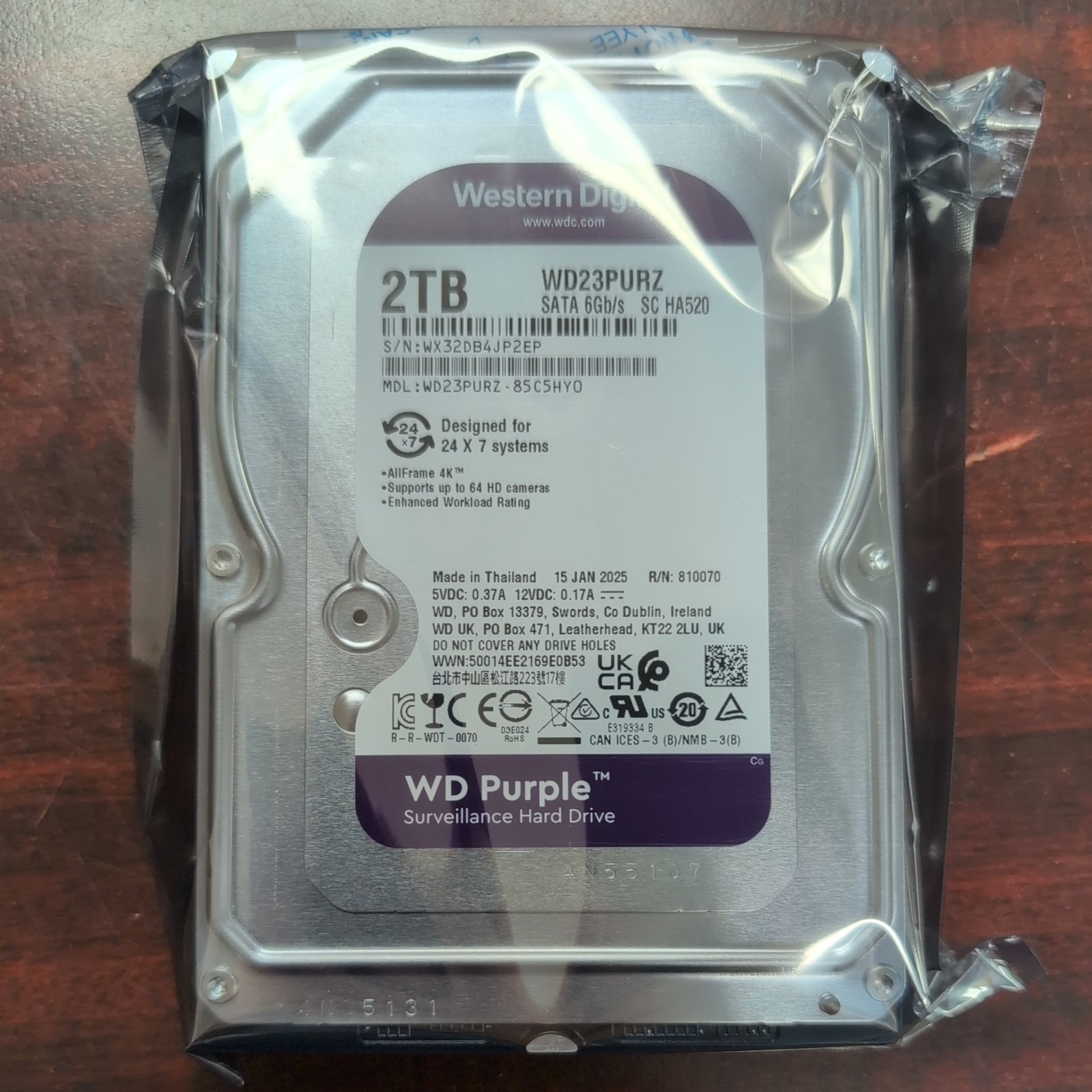 NEW WD Purple 2TB Internal Hard Drive Surveillance WD23PURZ - 15 Jan 2025