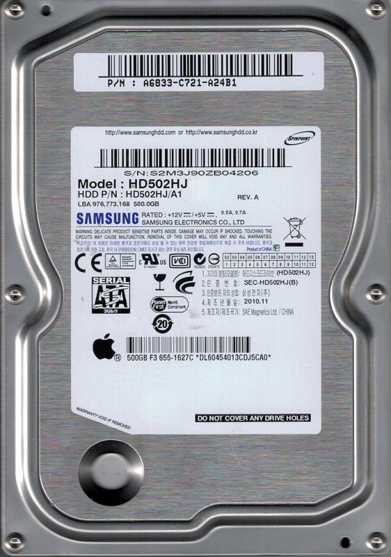 HD502HJ/A1 P/N: A6833-C72A-A24B1 MAC 655-1627C Samsung 500GB