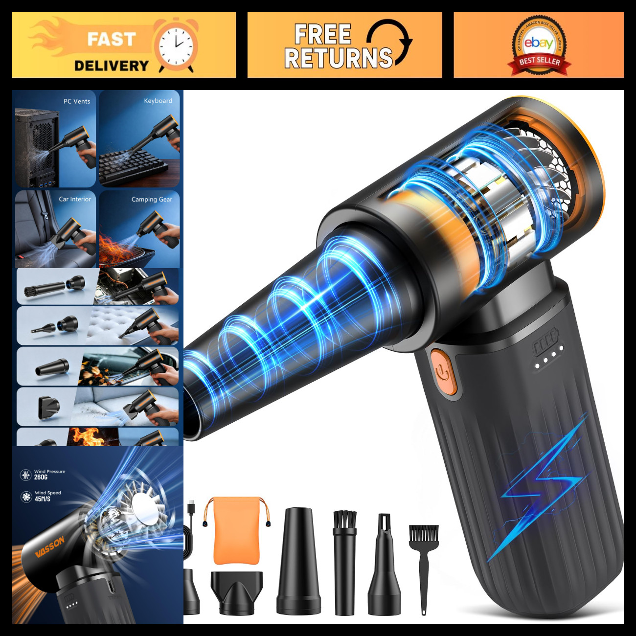 High-Speed Compressed Air Duster, 3-Speed Adjustable, Brushless Motor Cleaner