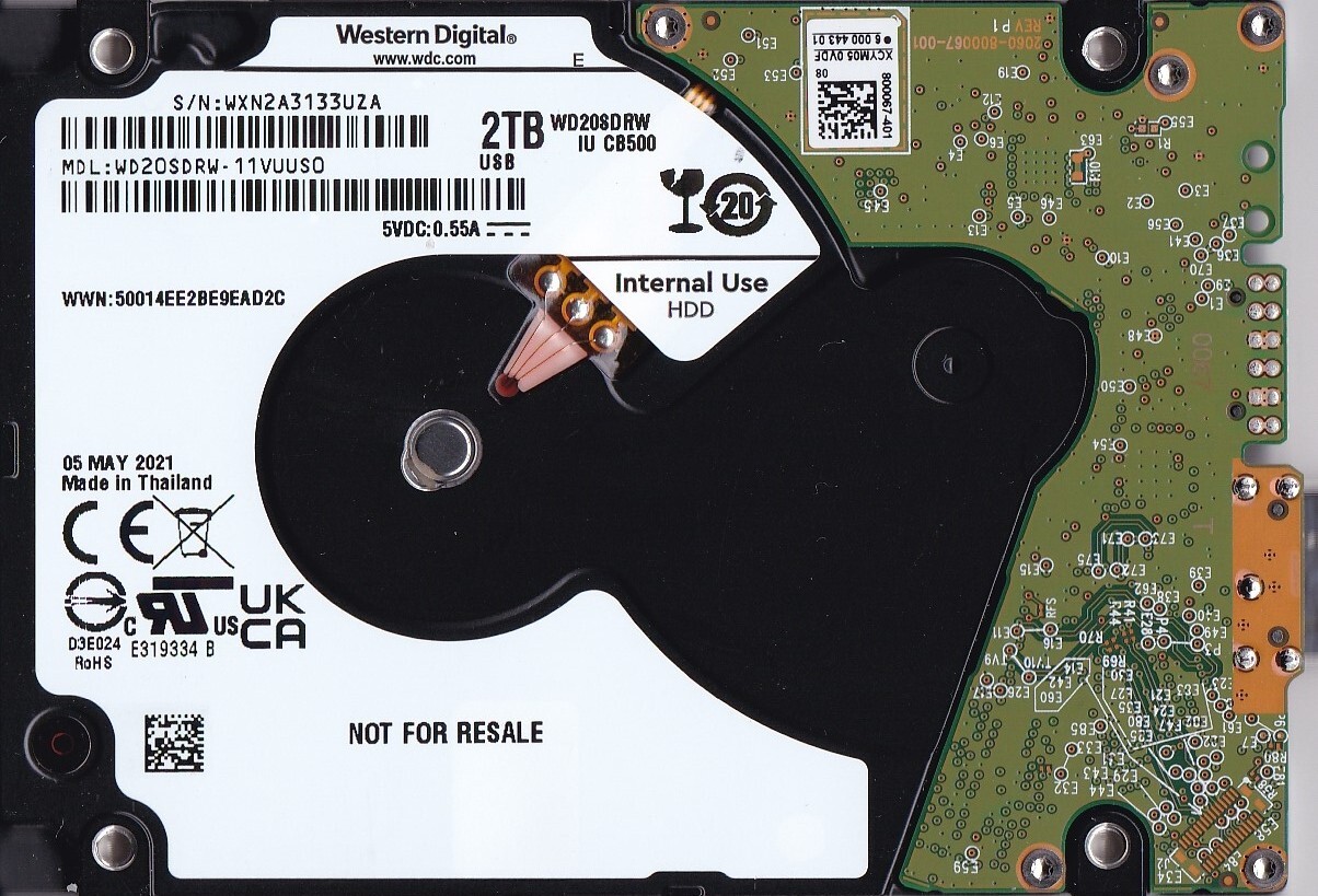 WD20SDRW-11VUUS0 s/n: WX82A5 Thailand MAY/ 2021 2TB 2.5" USB 3.0 WESTERN DIGITAL