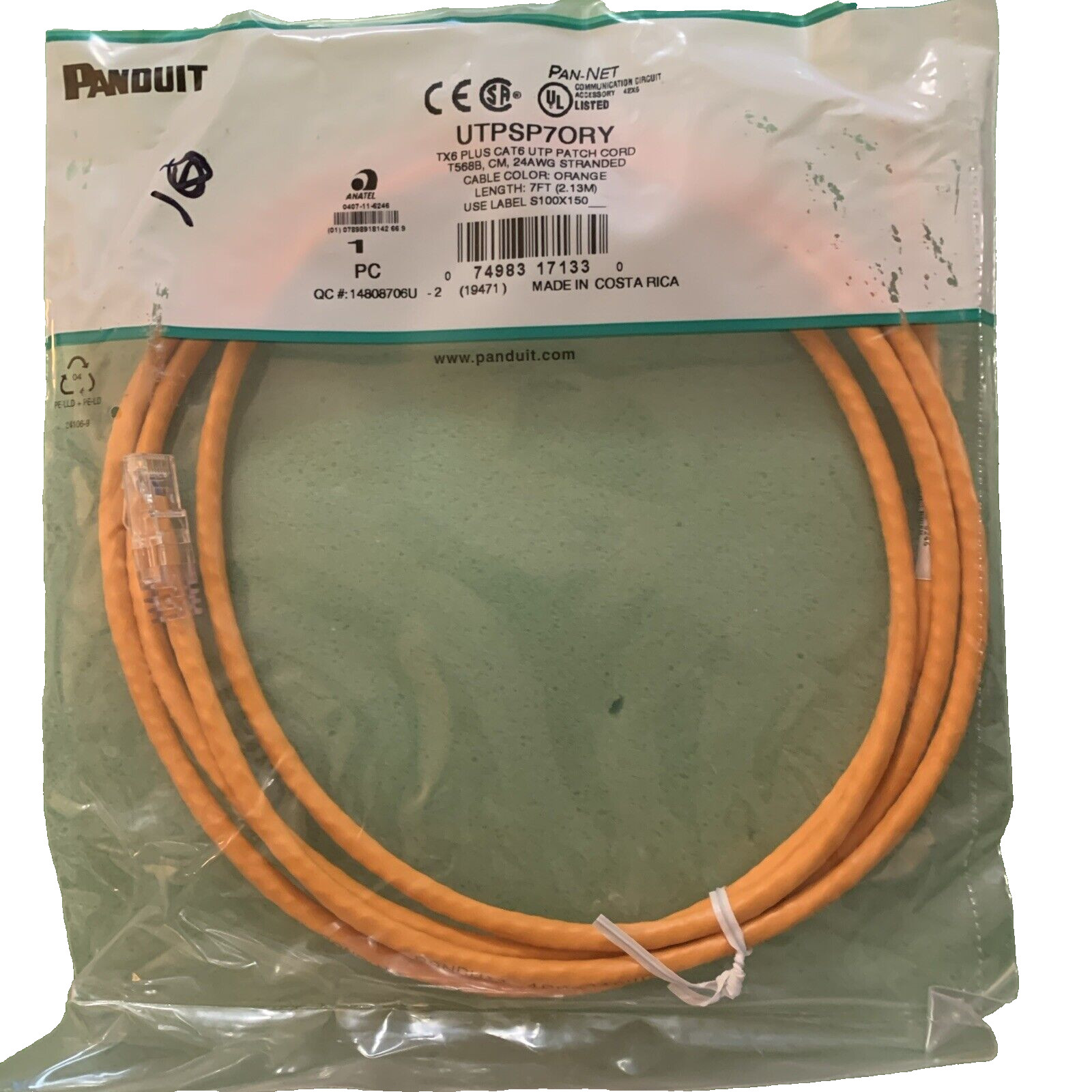 PANDUIT UTPSP7ORY PAN-NET TX6 RJ45 CAT6 PATCH CORD, ORANGE, 7ft