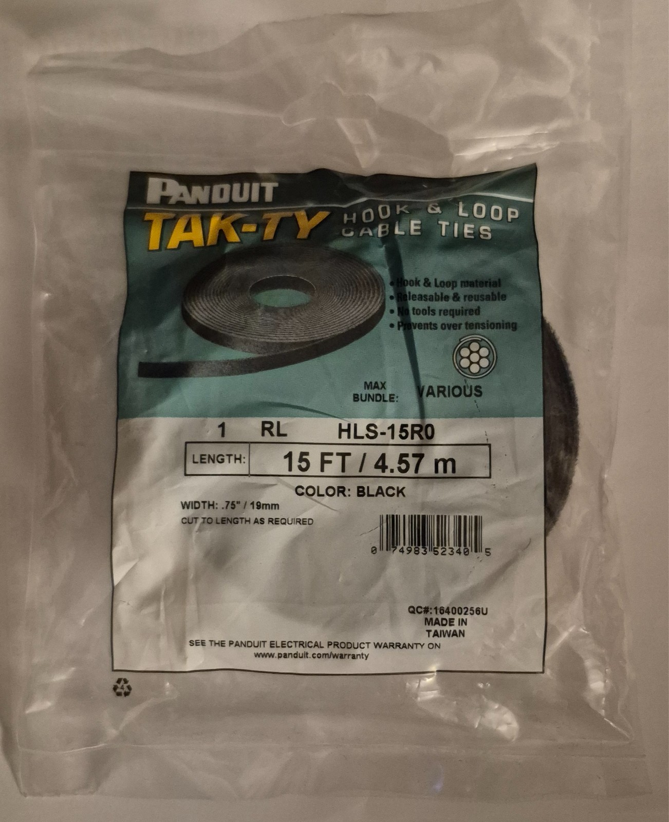 Panduit Tak-Ty Hook & Loop Cable Ties HLS-15R0 15ft Black, .75”/19mm Wide