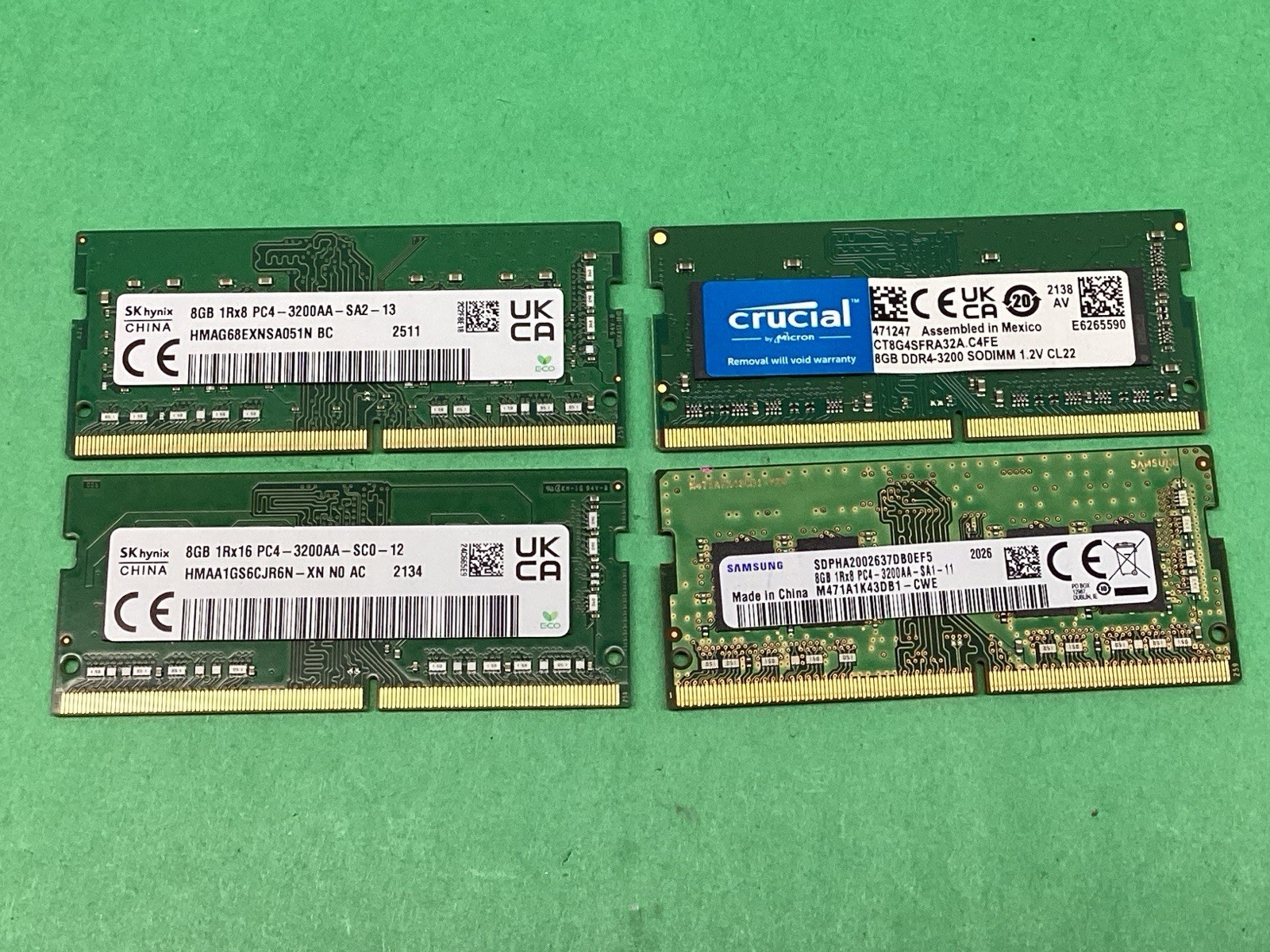 LOT OF 4 Various 8GB DDR4 PC4-3200 Samsung SK Hynix Crucial Laptop RAM - TESTED