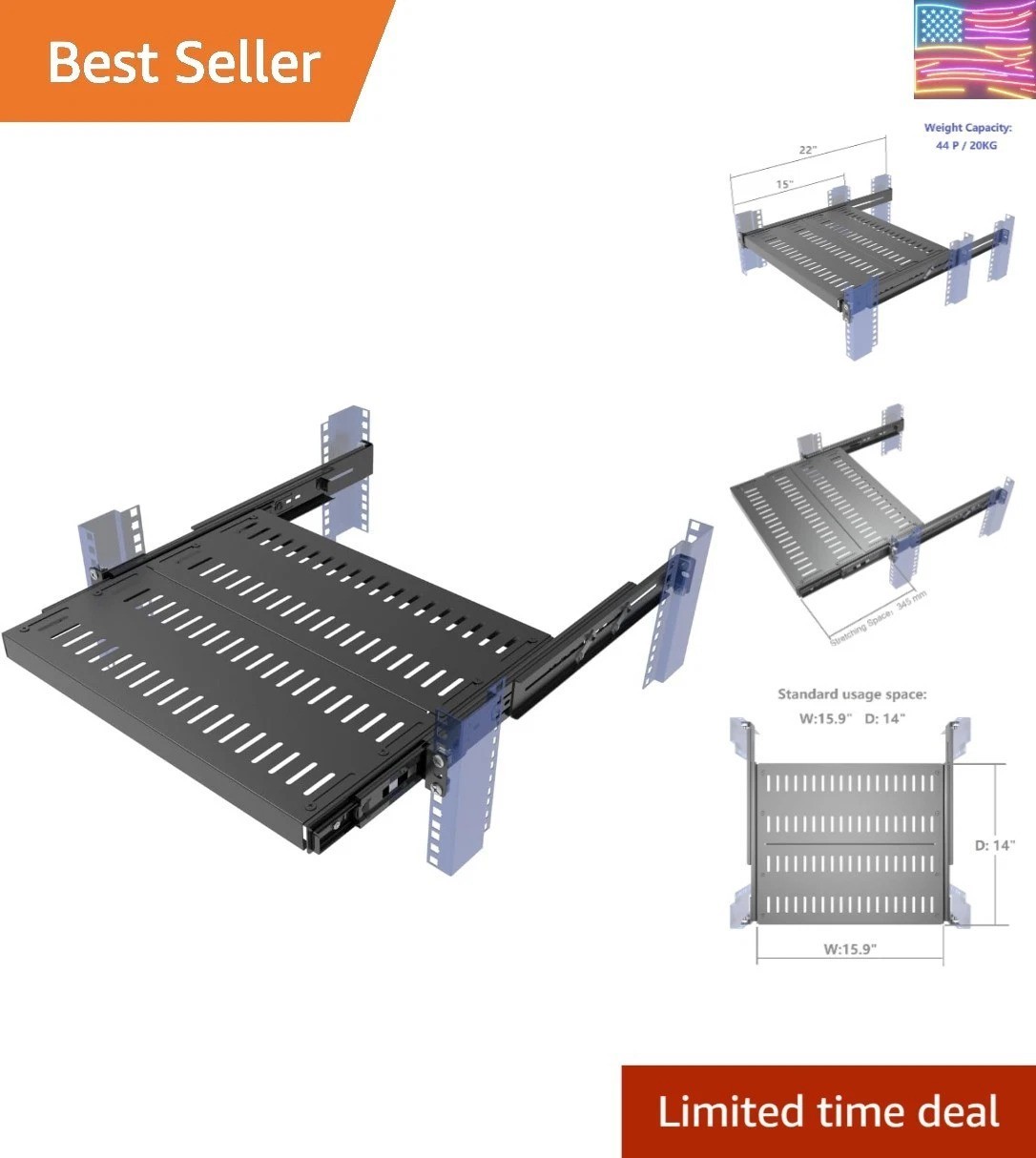 1U Sliding Rack Shelf, 4-Post Vented Rack Mount Shelf 14-17“ Deep with Adjust...