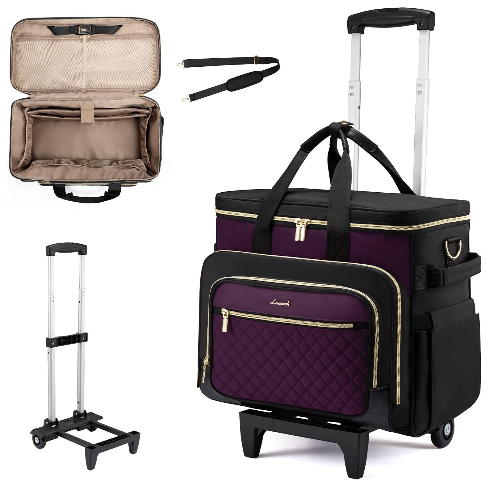 LOVEVOOK Rolling Teacher Bag with Detachable 17.3 inch, Quilted-Purple-Black