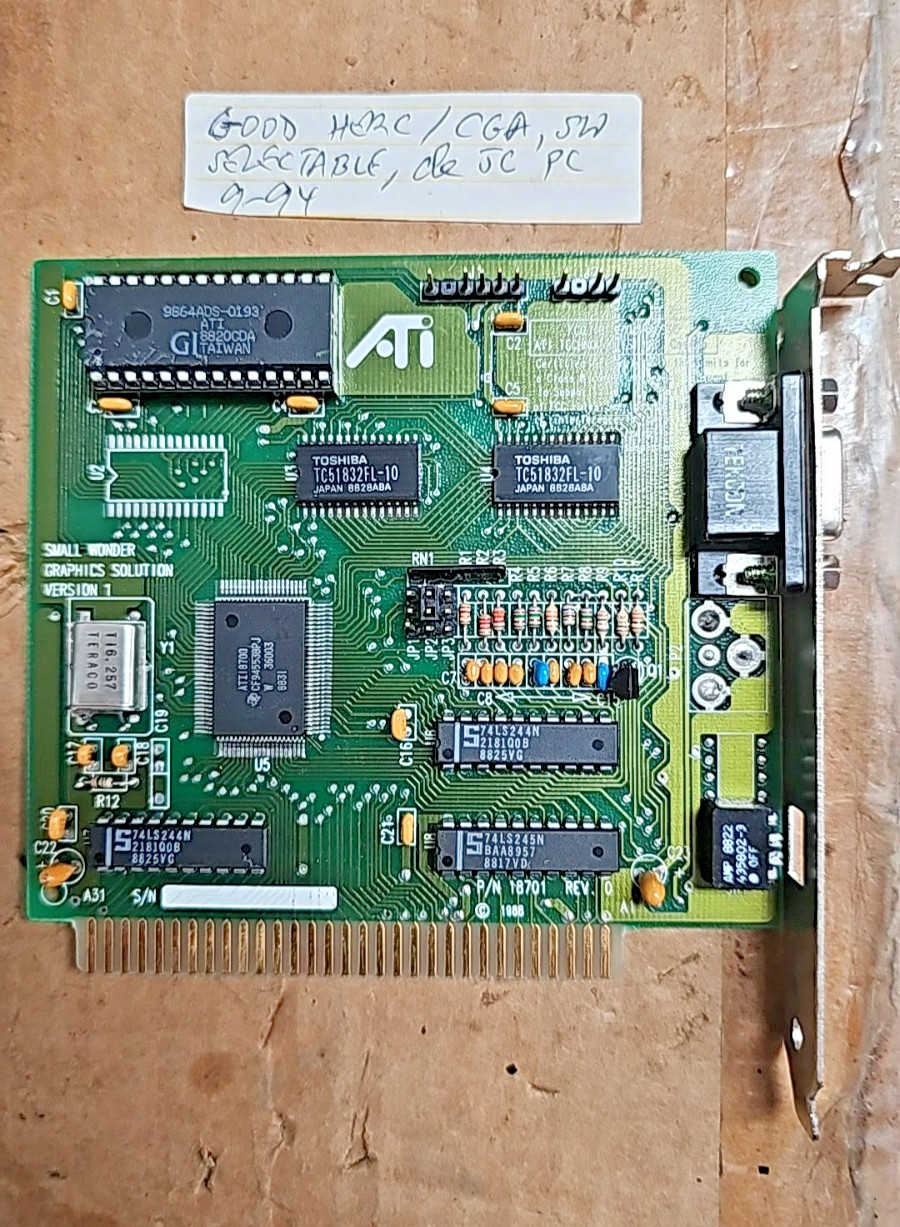 Vintage 1988 ATI Small Wonder Graphics Solution V1 18701 8-Bit ISA CGA Hercules