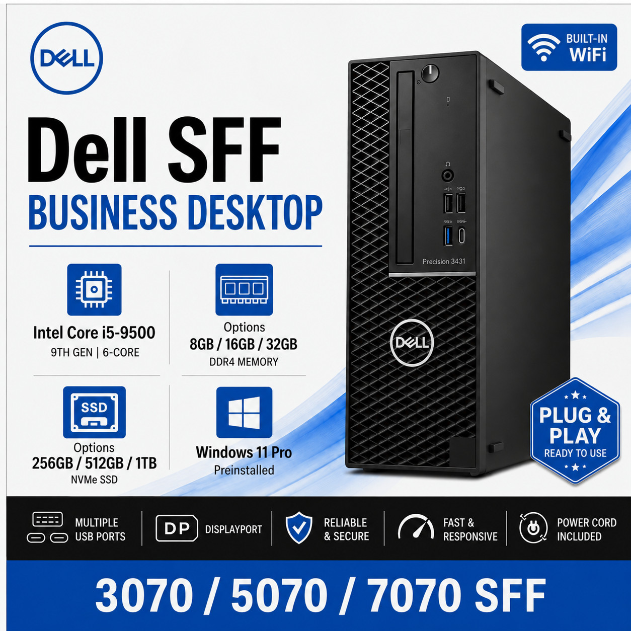 Dell OptiPlex SFF Desktop PC i5-9500 16GB RAM 1TB NVMe Win11 Pro  W/OFFICE Wifi