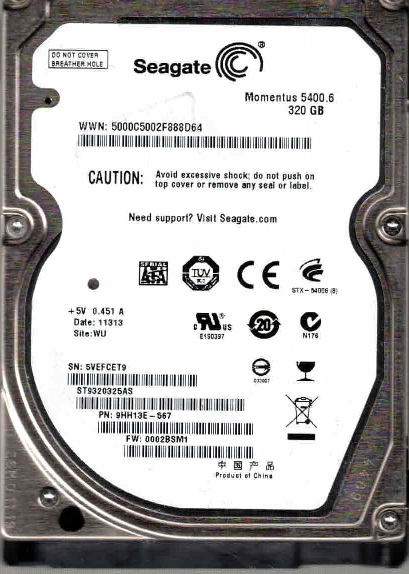 ST9320325AS,  9HH13E-567, 0002BSM1  WU,  SEAGATE SATA 320GB, 5VEF