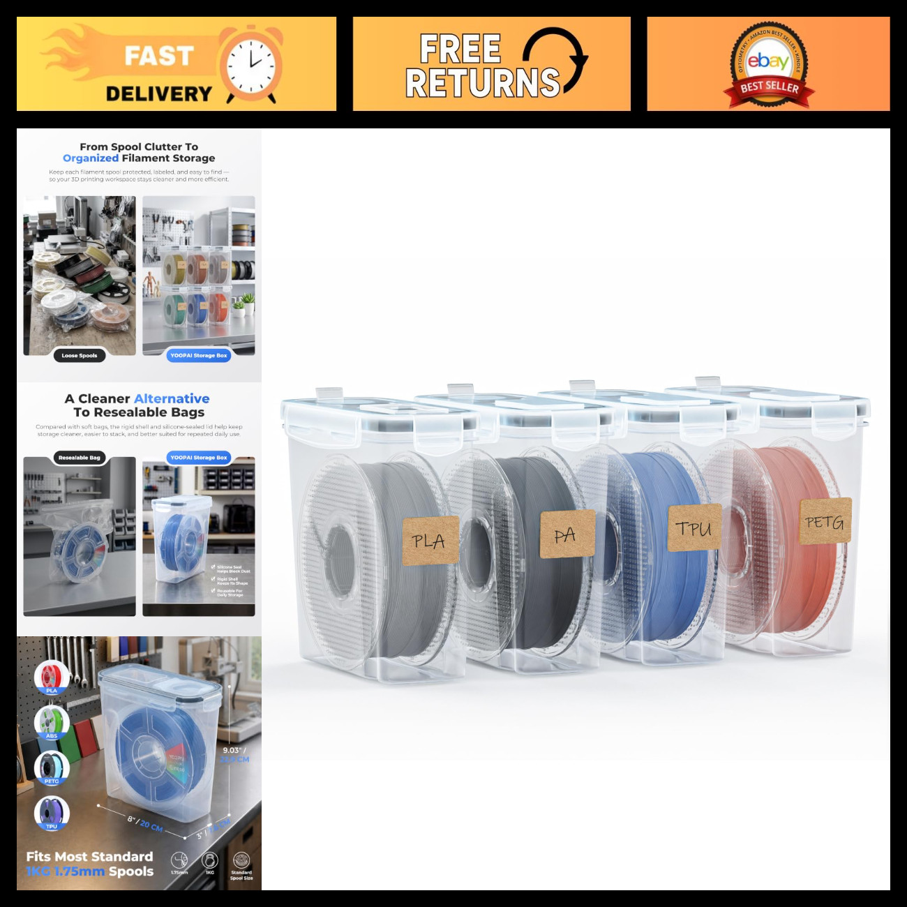 4 Pack 3D Printing Filament Storage Box - Waterproof, Dust-Proof, Sealed Contain