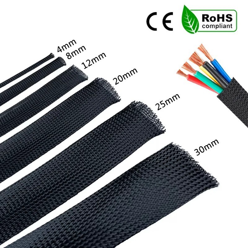 Black Braided Cable Sleeve PET Insulated Wire Sleeve 6-30mm 1/5/10M