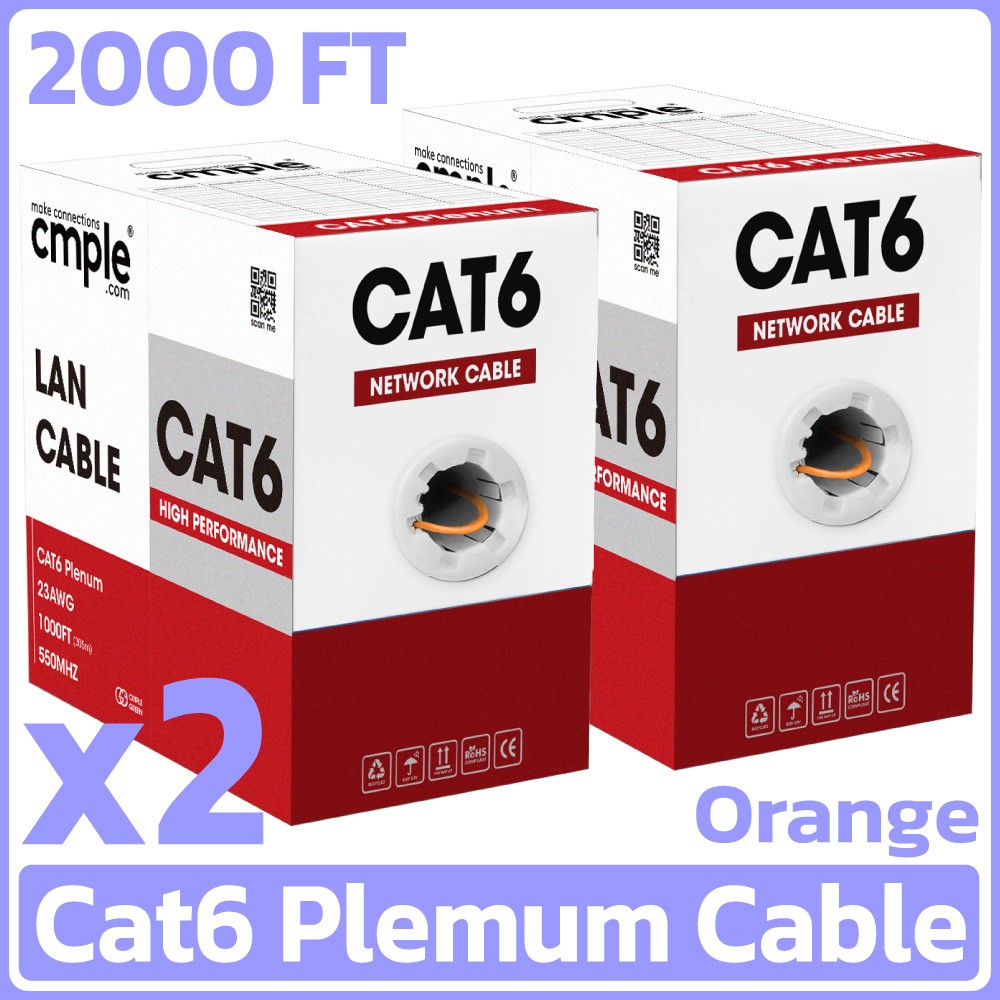 2 Pack Cat6 Solid UTP Plenum Ethernet Cable 1000ft CMP 23AWG Bulk Orange