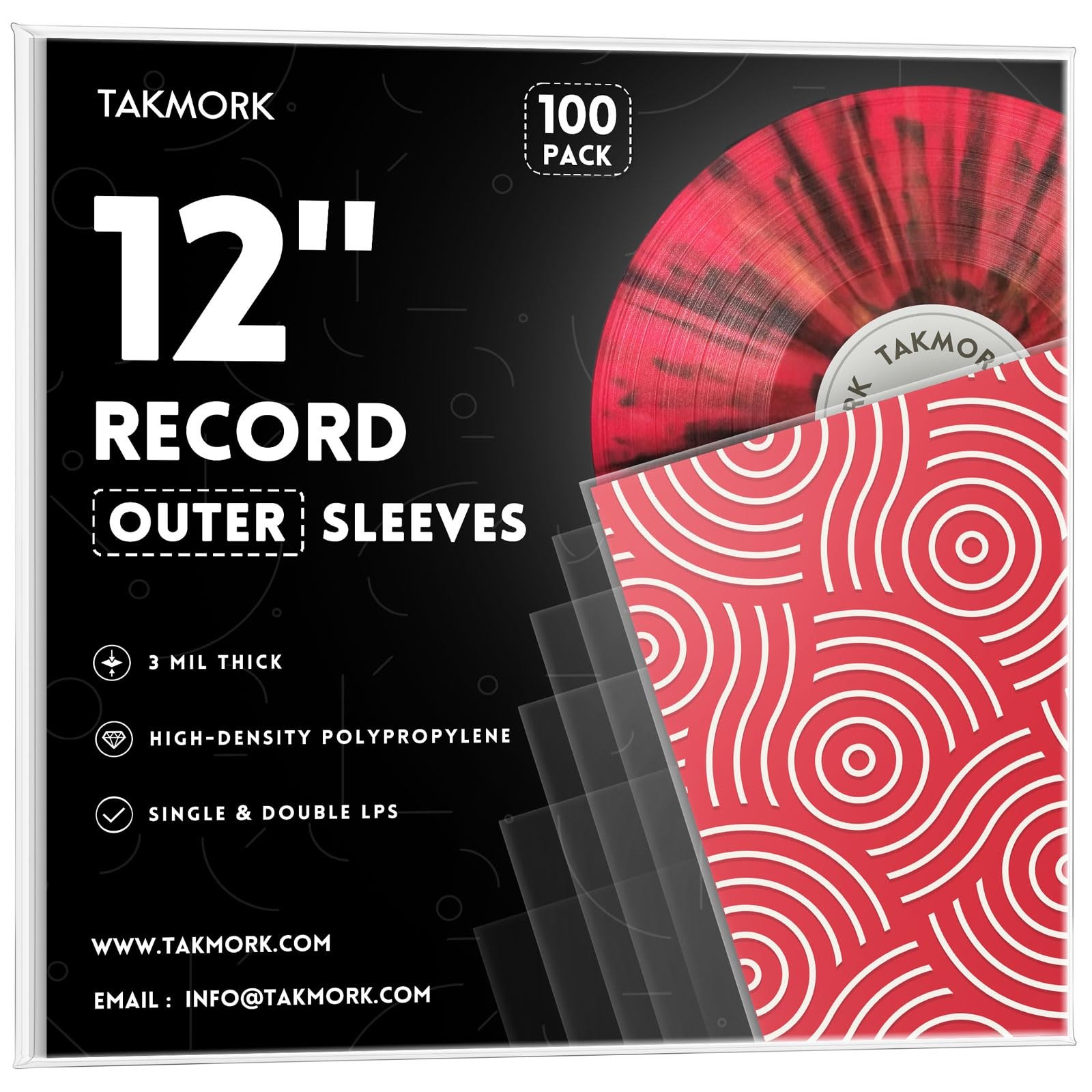 TAKMORK Vinyl Outer Sleeves, 12" 3 Mil Crystal Clear, 100 Pack Clear