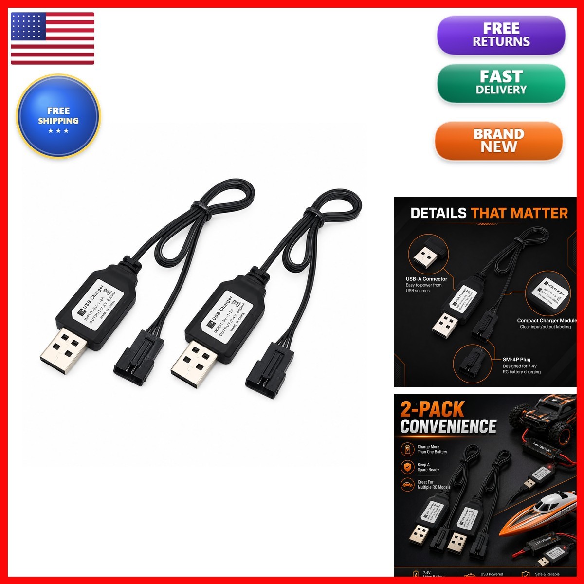 KOMITASUI SM-4P USB Charger Cable for RC Car Boat 7.4V - 2Pack