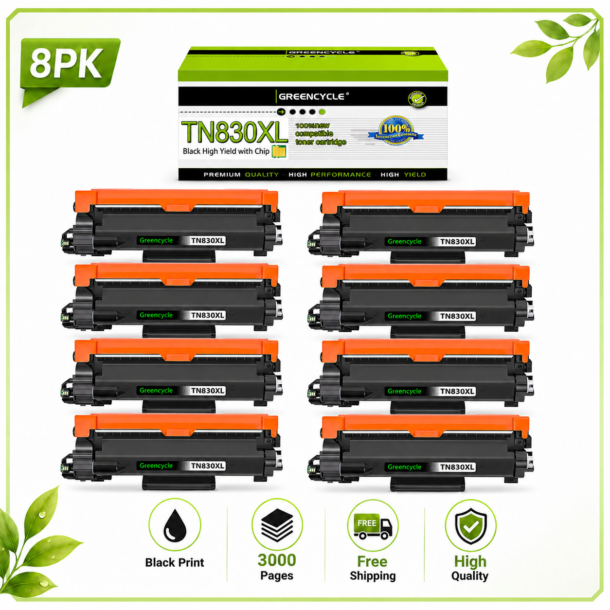 8Pack TN830XL TN-830XL Toner Cartridge for Brother HL-L2405W MFC-L2760DW with Ch