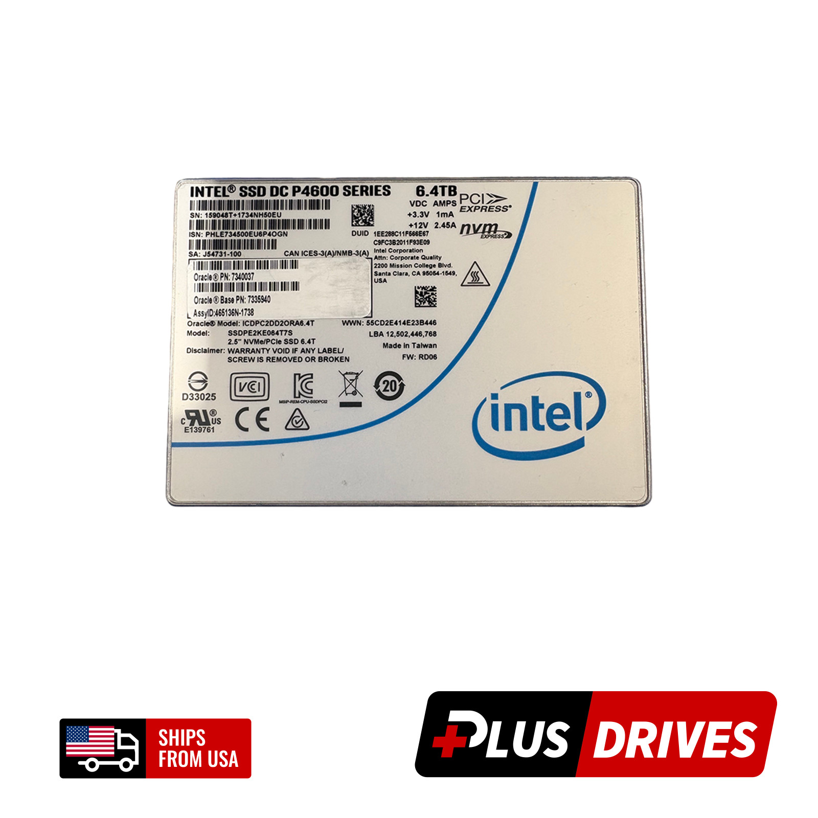 Intel 6.4TB NVMe U.2 2.5" DC P4600 PCle Gen3.1 3D TLC Enterprise SSD 600K IOPS