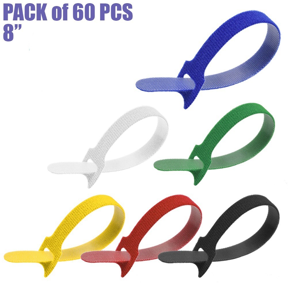 60 Pcs 8" Reusable Hook Loop Straps Cable Tie Cord Wire Wrap Fastener Multicolor