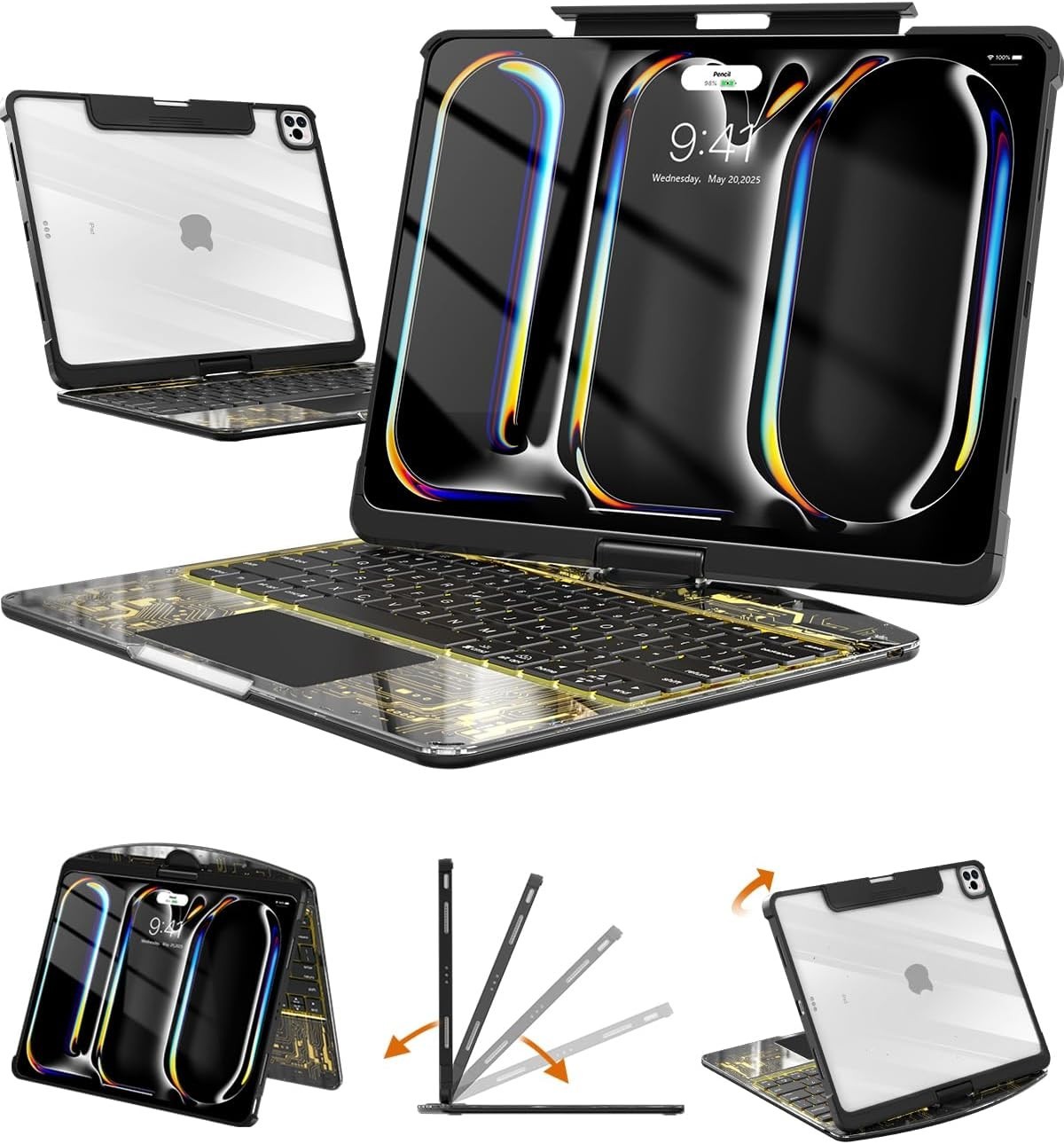 Clear Keyboard Case 360 Rotating Stand for iPad Pro 13" M4 M5 Trackpad Black
