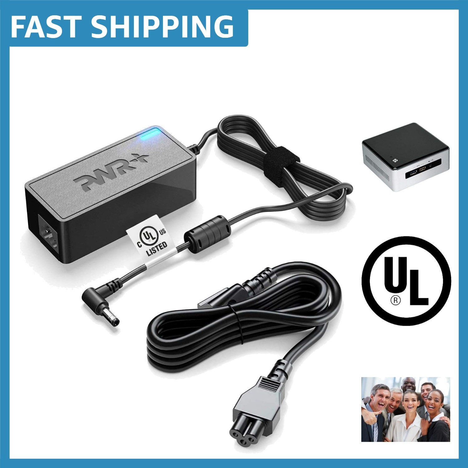 Compact 19V 65W Power Adapter with 12Ft Cord for Intel NUC - Safe & Certified
