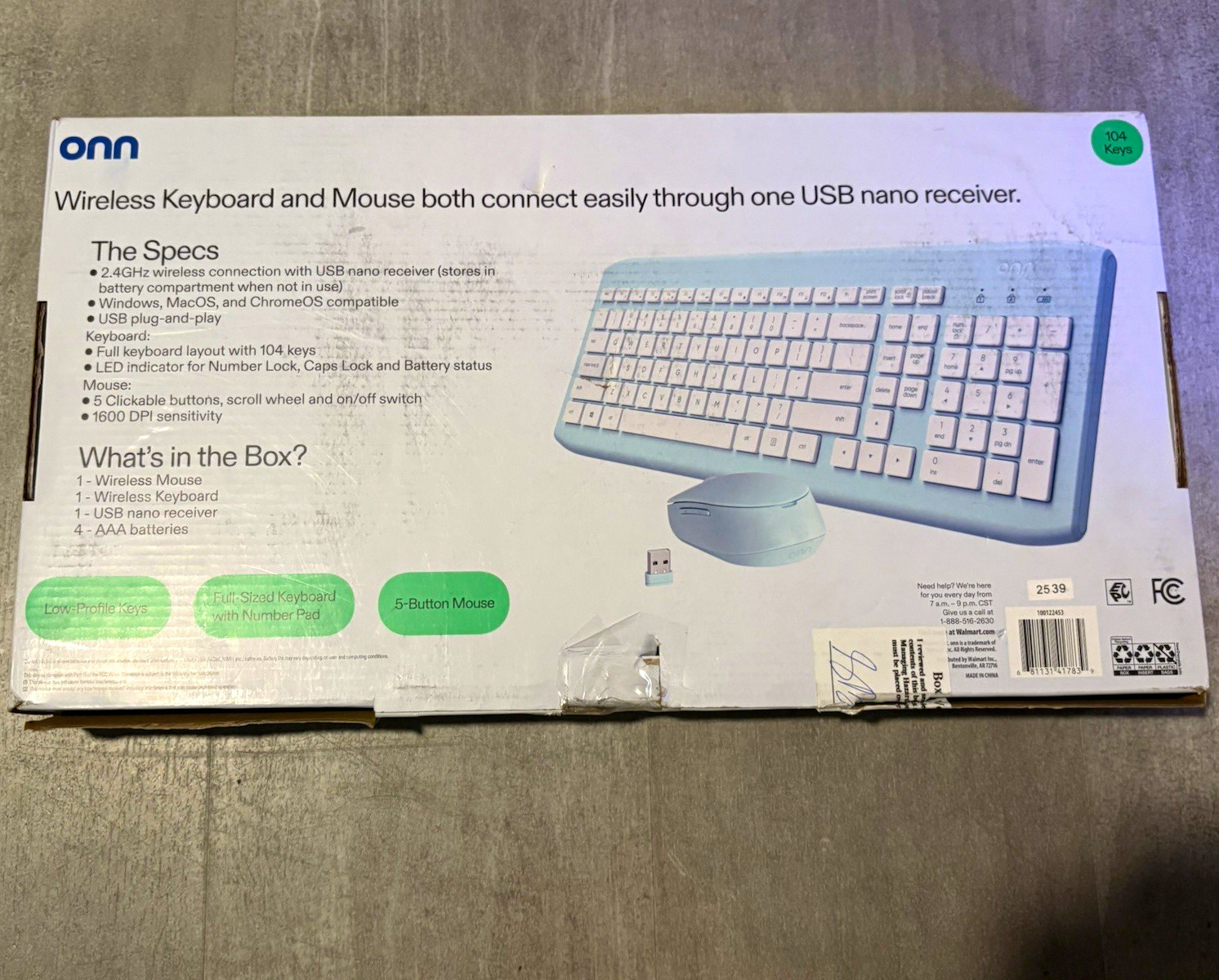 onn. Wireless Keyboard & Mouse Combo 2.4GHz USB Nano, Plug & Play Blue/White