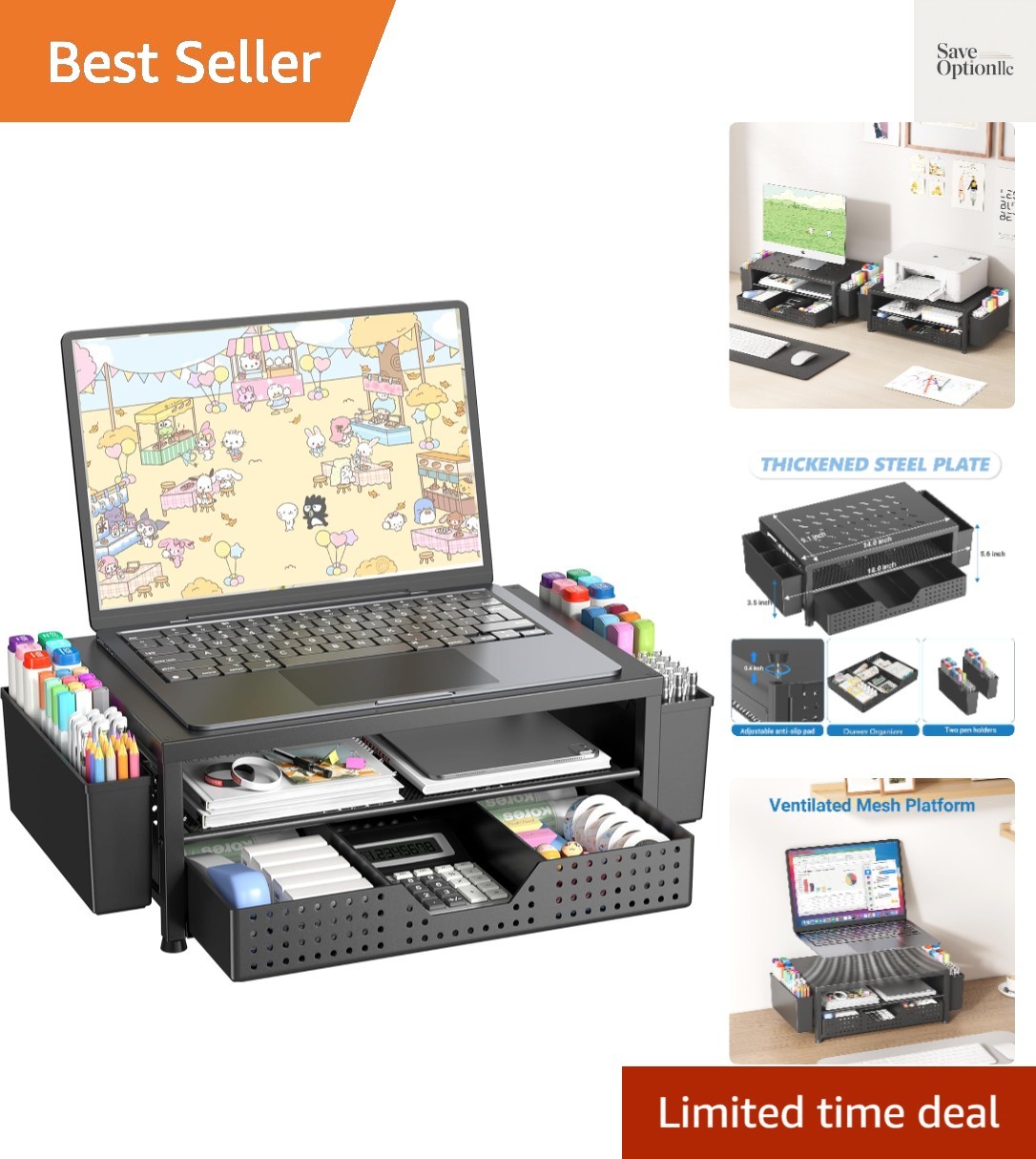 Desk Organizer and Accessories, 2-Tier Riser with Drawer and 2 Pen Holders, L...