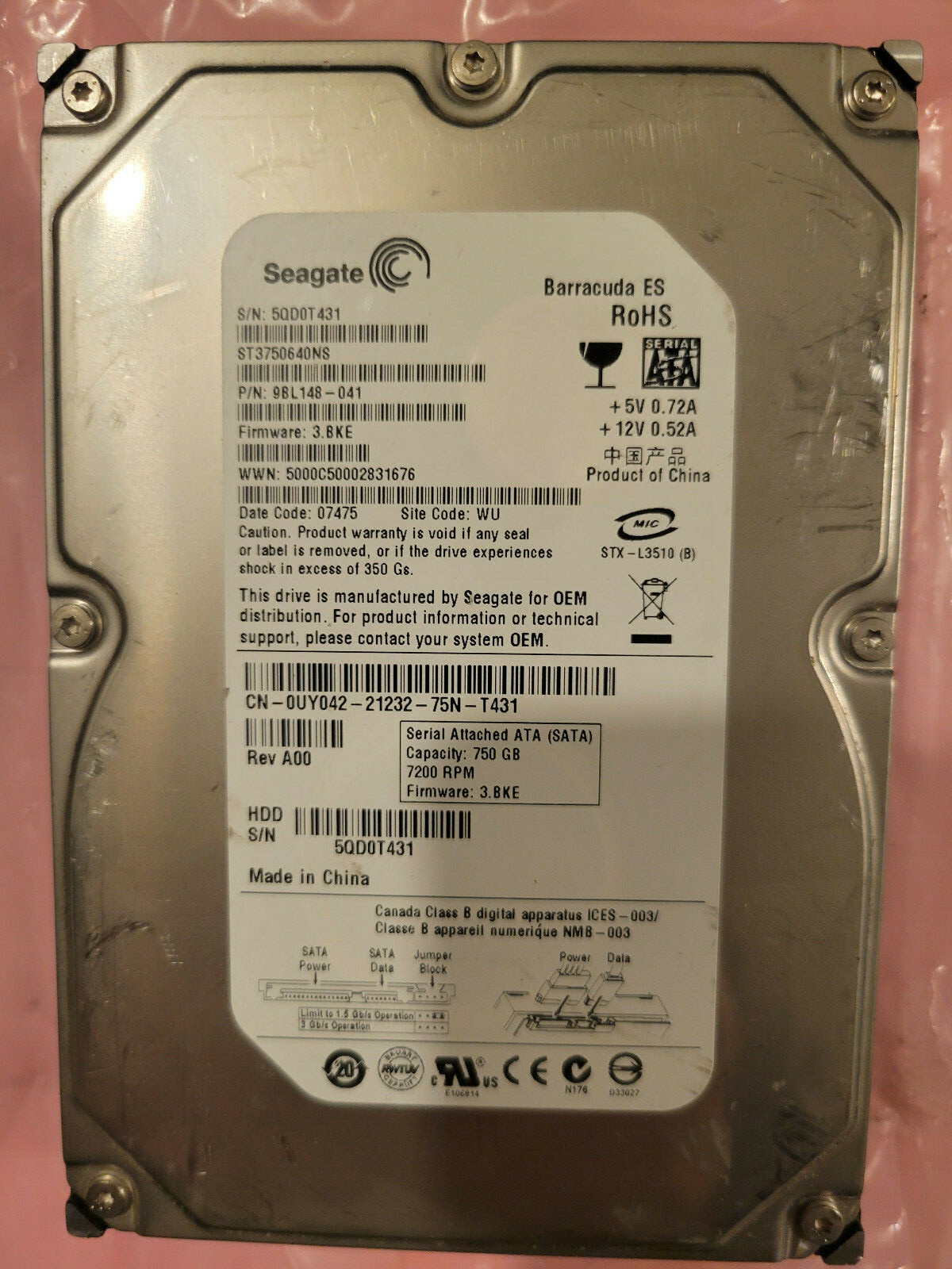 Seagate ST3750640NS 750GB PN 9BL148-041 FW 3.BKE SATA 3.5" HD DC 07475 WU 5QD