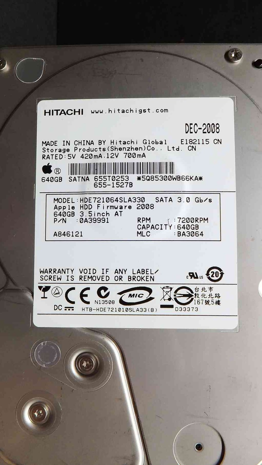 640GB HITACHI HDE721064SLA330 DEC-08 MLC: BA3064 | P/N: 0A39991