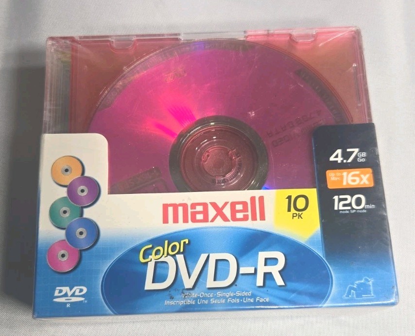 Maxell Color DVD-R 10 Pk 4.7 GB 16x 120 Min Blank DVDR Write Once Discs New