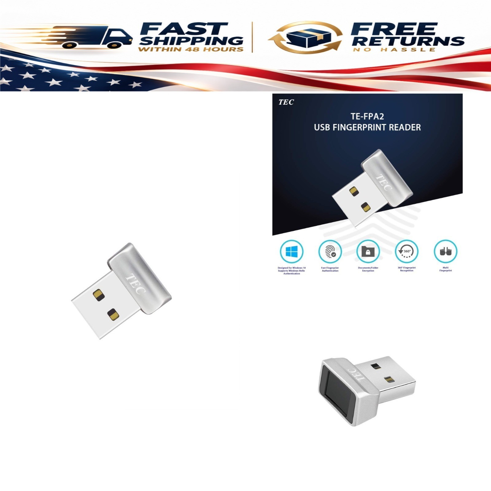 TEC Mini USB Fingerprint Reader for Windows 11/10 Hello, 360° Biometric