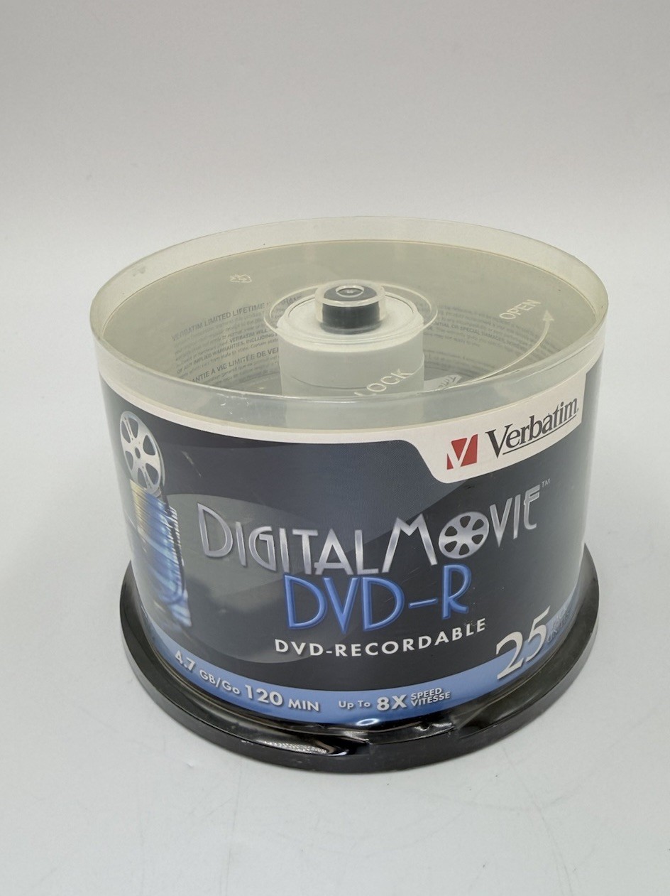 Verbatim DigitalMovie DVD-R 25 Pack 4.7GB 120 Min 8X Spindle 94866 Taiwan